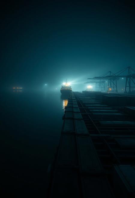 An abandoned harbor dock at midnight, drenched in deep teal and shadowy blacks. The camera floats above still water, reflecting faint amber lights from distant cranes. Fog crawls slowly across the pier, engulfing empty shipping containers and rusting rails. A single cargo ship drifts in without sound, its floodlights flickering softly through the haze. The silence is near-complete, broken only by the low echo of waves and distant industrial groans. Cinematic, 4K, 35mm film texture, muted tones, eerie and dreamlike—like a forgotten place caught between worlds.