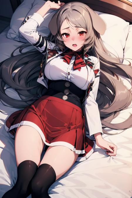 <lora:Pursena:1>, 1girl, Pursena, red eyes, dog ears, dog girl, dog tail, grey hair, white jacket, large breasts, black legwear, pantyhose, pleated skirt, (lying on back), <lora:torogao_v3:1>, full-face blush, heavy breathing, bedroom, on bed, from above