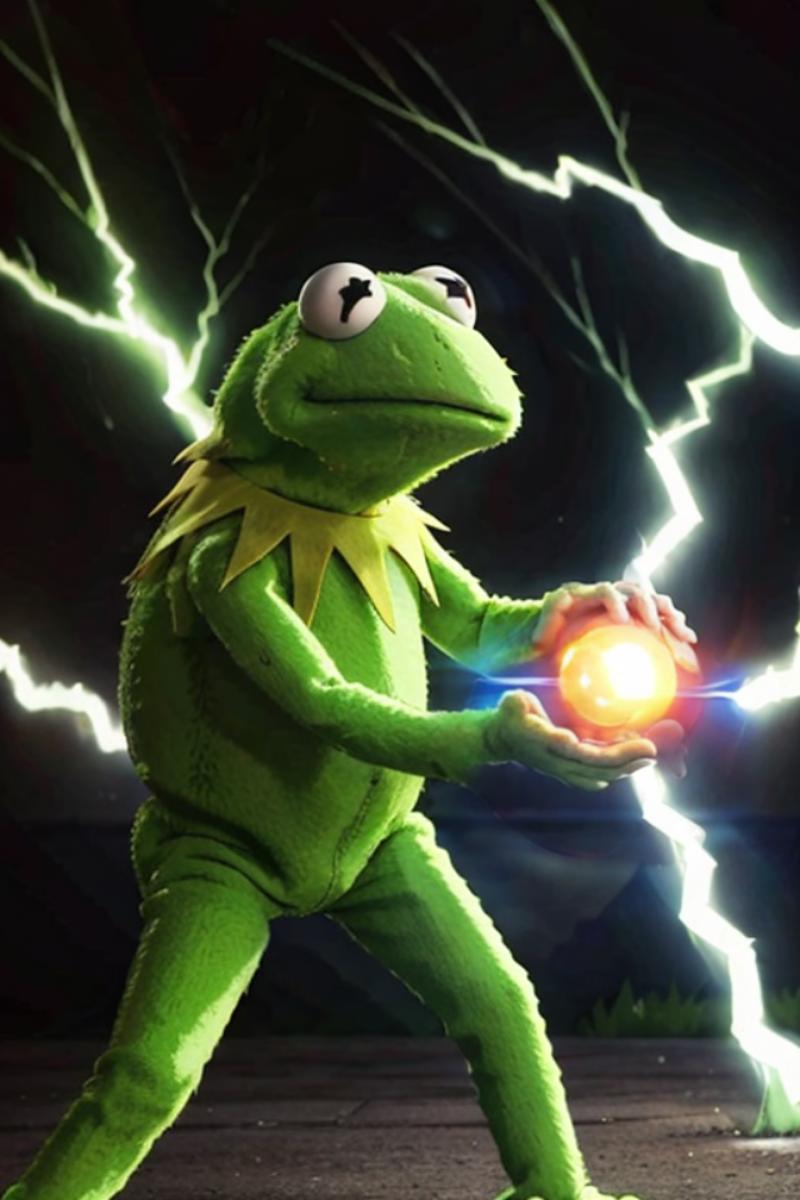 A green Kermit the Frog holding a yellow ball in front of a lightning bolt.