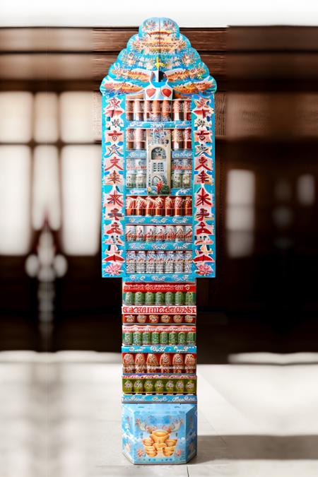 RAW photo,a canedoffering_\(hexagonal base\), with canned drinks arranged on it.full body,  best quality, masterpiece, 8k uhd, dslr, soft lighting, high quality, film grain, Fujifilm XT3 <lora:100_Taiwan offering_1v_5_768_0001deep5e_off:1>   white background, simple background,