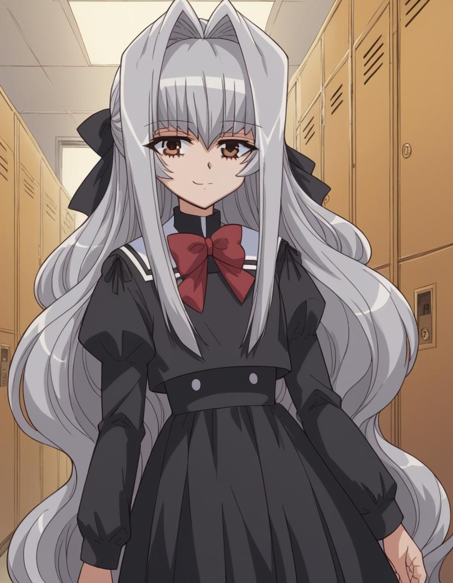 score_9, score_8_up, score_7_up, source_anime, <lora:anju-maaka-s1-ponyxl-lora-nochekaiser:1>, anju maaka, long hair, bow, ribbon, brown eyes, very long hair, hair bow, grey hair, sidelocks, hair intakes, black hair bow,, long sleeves, dress, bow, ribbon, school uniform, bowtie, black dress, red bow, red bowtie, school hallway, lockers, between classes, everyday life, , v, v over mouth, smug,, looking at viewer, solo,, dutch angle, cowboy shot