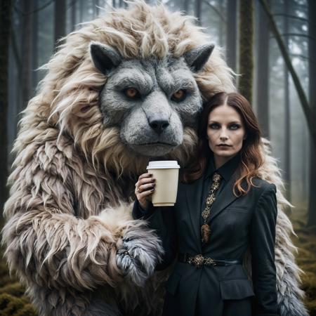 a woman with a coffee cup is being held, next to a giant furry creature, in the style of surreal fashion photography, ominous, elegant, emotive faces, characterized animals, hasselblad 1600f, furry art, eye-catching composition