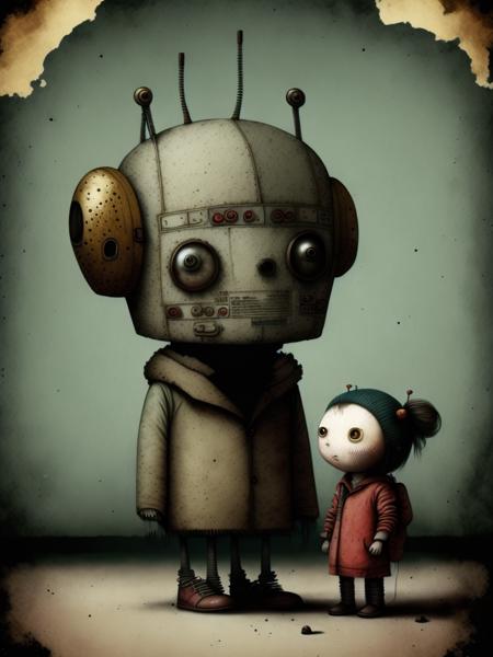 <lora:GabrielPacheco:1>a child and her robot, by Gabriel Pacheco