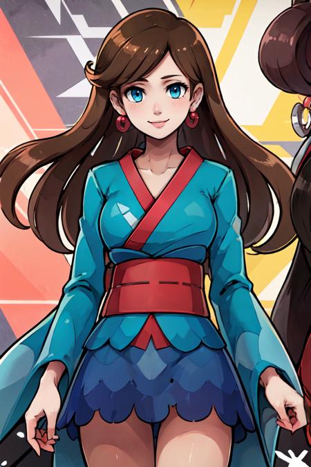 zzFurisodegirl, long hair, brown hair, blue eyes, earrings, bangs, kimono, sash