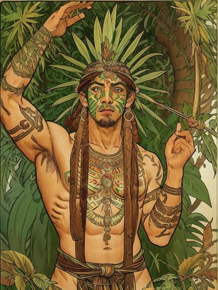 male warrior, muscular physique, tribal attire, face paint, wielding spear, (jungle:1.3), dense foliage, exotic plants, dappled sunlight, oil painting, DeviantArt influence, dynamic action pose, (intense expression:1.2), (portrait shot:1.1), 8k resolution, <lora:Alfons_Mocha_v1:0.6>