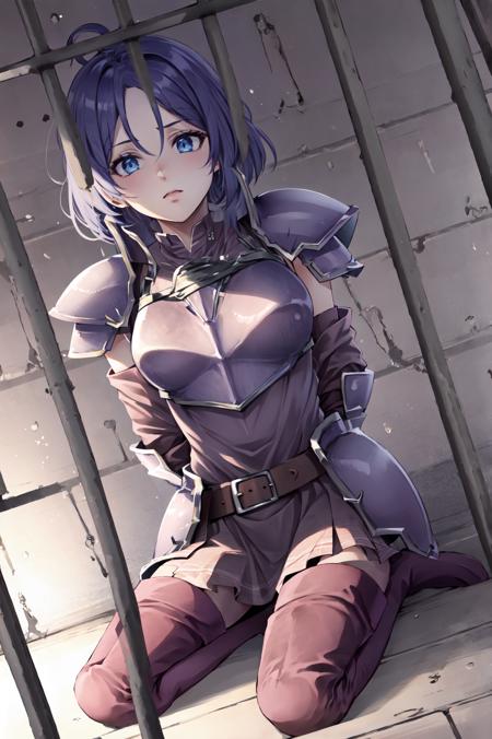 <lora:in_prison:1.1>,in_prison,<lora:midiaV2:0.95>,midia, center-parted bangs,sitting,thighhighs,pink armor,thigh boots,whiite elbow gloves, armored dress, zettai ryouiki, skirt, shoulder armor,  pauldrons, pantyhose, detached sleeves, shoulder pads, high heels,dark theme,prison,wide shot,(masterpiece, best quality, ultra-detailed, best shadow)