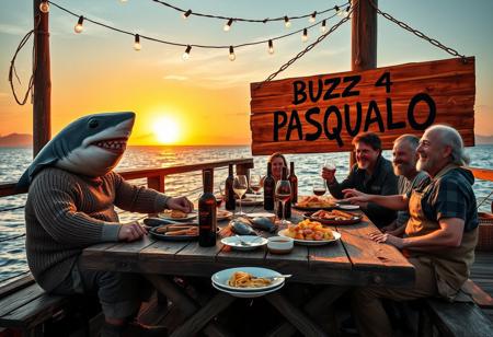 An Italianized humanoid shark named ‘Pasqualo,’ with a muscular body, gray shark-like skin, and sharp teeth, sits at a large wooden table on a seaside pier during sunset. He has black eyes, a prominent dorsal fin, and a friendly grin. Dressed in a rugged fisherman’s outfit, including a weathered wool sweater, rolled-up pants, and boots, Pasqualo blends seamlessly into the scene with his human fisherman friends. They laugh and chat around the table, their sun-baked skin and salt-worn clothes reflecting a life spent at sea.
The table is covered with rustic Italian seafood dishes: grilled fish, steaming bowls of pasta, crusty bread, and wine bottles. Half-filled glasses suggest recent toasts, and plates are scattered in a laid-back, festive atmosphere. Overhead, warm string lights cast a golden glow on the gathering.
In the background, a large wooden sign, slightly worn and hand-painted, reads ‘BUZZ 4 PASQUALO.’ It’s mounted on a weathered post with a couple of seagulls perched on top. The sea behind them is calm, with fishing boats gently rocking in the harbor. The setting captures the authentic feel of an old Italian coastal town, with Pasqualo smiling and enjoying the meal with his closest friends, blending the fantastical with the familiar and realistic