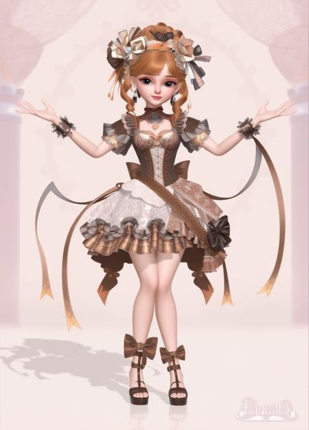 3d Princess, masterpiece full of details. The image depicts a character with a vibrant and elaborate costume, adorned with intricate details and a mix of patterns and textures. The character's attire is a blend of traditional and modern elements, featuring a mix of lace, ruffles, and geometric patterns. The character's hair is styled in an elaborate updo, adorned with bows and ribbons, and the character's accessories, including a headpiece and wristbands, add to the overall ornate appearance. The character is also wearing a corset-style dress with a mix of lace and ruffles, and the dress is cinched at the waist with a ribbon. The character's footwear consists of high-heeled sandals with straps and bows, complementing the overall elegant and whimsical style of the costume. The character is posed in a dynamic and expressive manner, with arms outstretched and ribbons flowing from the character's hands, adding a sense of movement and energy to the image. The background features a soft, pastel color scheme with arches and a circular pattern, enhancing the ethereal and dreamlike atmosphere of the image.
