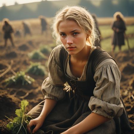 a young medieval farmer in a field, 1girl, short blonde hair, 
analogue photography, natural light,
