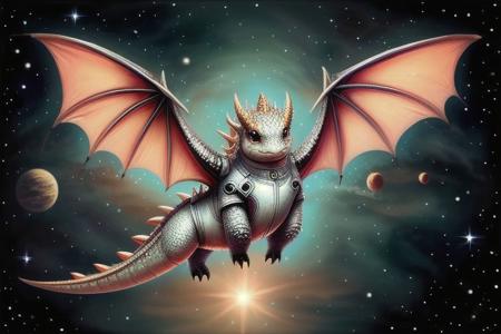 A cute dragon flying through space wearing a space suit, (cut13cl0th3stech:1)