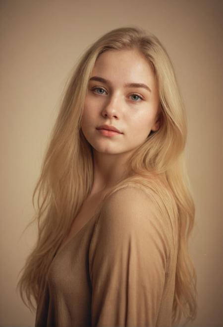 A beautiful portrait of a young woman ((full body)) with fair skin, long blonde hair.  She is 20 years old and exudes a confident and seductive aura. The background is a subtle mix of warm and cool tones, creating a depth effect that emphasizes the beauty of the person portrayed. The lighting is soft and natural, with a golden glow illuminating her face., portrait photography