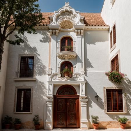 RAW photo, exterior house in baroque architectural style, (high detailed skin:1.2), 8k uhd, dslr, soft lighting, high quality, film grain, Fujifilm XT3, <lora:classical_architecture_style:0.8>