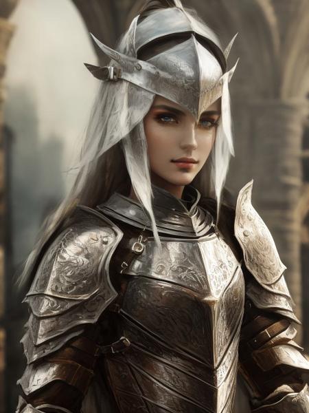 frail thin female knight with light crude ornamented armor, masterpiece, wallpaper, highest quality details resolution, small armor parts, light armor with much leather and belts, pretty beautyful face with small nose, ultrarealistic,  thin taille, light quick fighter, assasin style with sword over shoulder resting, 