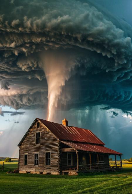 portrait, masterpiece, 4k, ray tracing, intricate details, highly-detailed, hyper-realistic, 8k RAW Editorial Photo.
A giant tornado looming over an old farmhouse, with a vibrant rainbow twisted around the tornado, in the style of National Geographic photography. Very detailed, vibrant colors, the tornado has sucked the rainbow up.
cinematic light, dramatic light, shallow depth of field,  high budget, bokeh, cinemascope, film grain,
