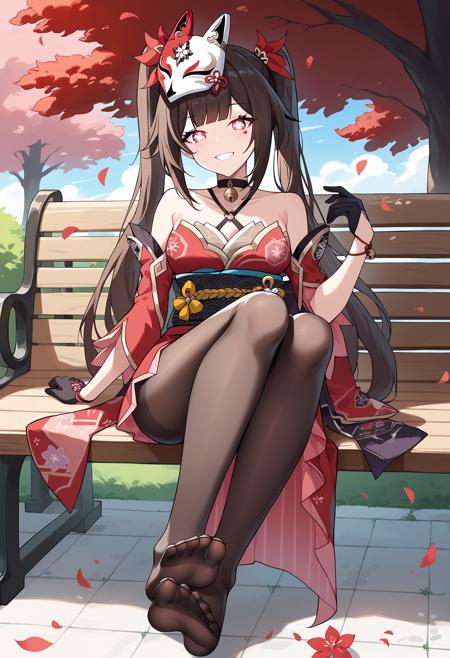 glowing eyes, flower-shaped pupils, shisparkle, long hair, bangs, brown hair, hair ornament, red eyes, mole under eye, bare shoulders, twintails, hair ribbon, choker, detached sleeves, fox mask, mask on head, red dress, red kimono, bell, obi, sash, single glove, black gloves, tattoo, red nails, thighs, thigh strap, sandals, sparkuni, long hair, bangs, black hair, hair ornament, glowing eyes, flower-shaped pupils, school uniform, white shirt, pleated skirt, open shirt, blue jacket, black skirt, glasses,