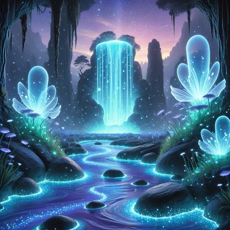 <lora:Bioluminescent_World:1>(masterpiece), (best quality), (ultra-detailed fantasy art), (cinematic landscape illustration), 8k, breathtaking bioluminescent world at dusk â a glowing valley filled with radiant flora, bioluminescent trees with crystalline trunks tower above gently swaying grass that pulses with soft teal and amethyst light, a meandering river of liquid light reflects the twin moons overhead, mist rolls along the valley floor with scattered golden fireflies drifting like stardust, surreal floating islands hang above the horizon casting soft shadows, delicate translucent butterflies shimmer with opalescent wings, the lavender sky is streaked with aurora-like light veils, quiet waterfalls sparkle as they tumble into glowing pools, everything lit with gentle ambient light and subtle God rays, hyperrealistic details, volumetric lighting, soft painterly textures blended with crisp fantasy realism, atmosphere of serenity and awe, inspired by Moebius and Studio Ghibli, trending on ArtStation