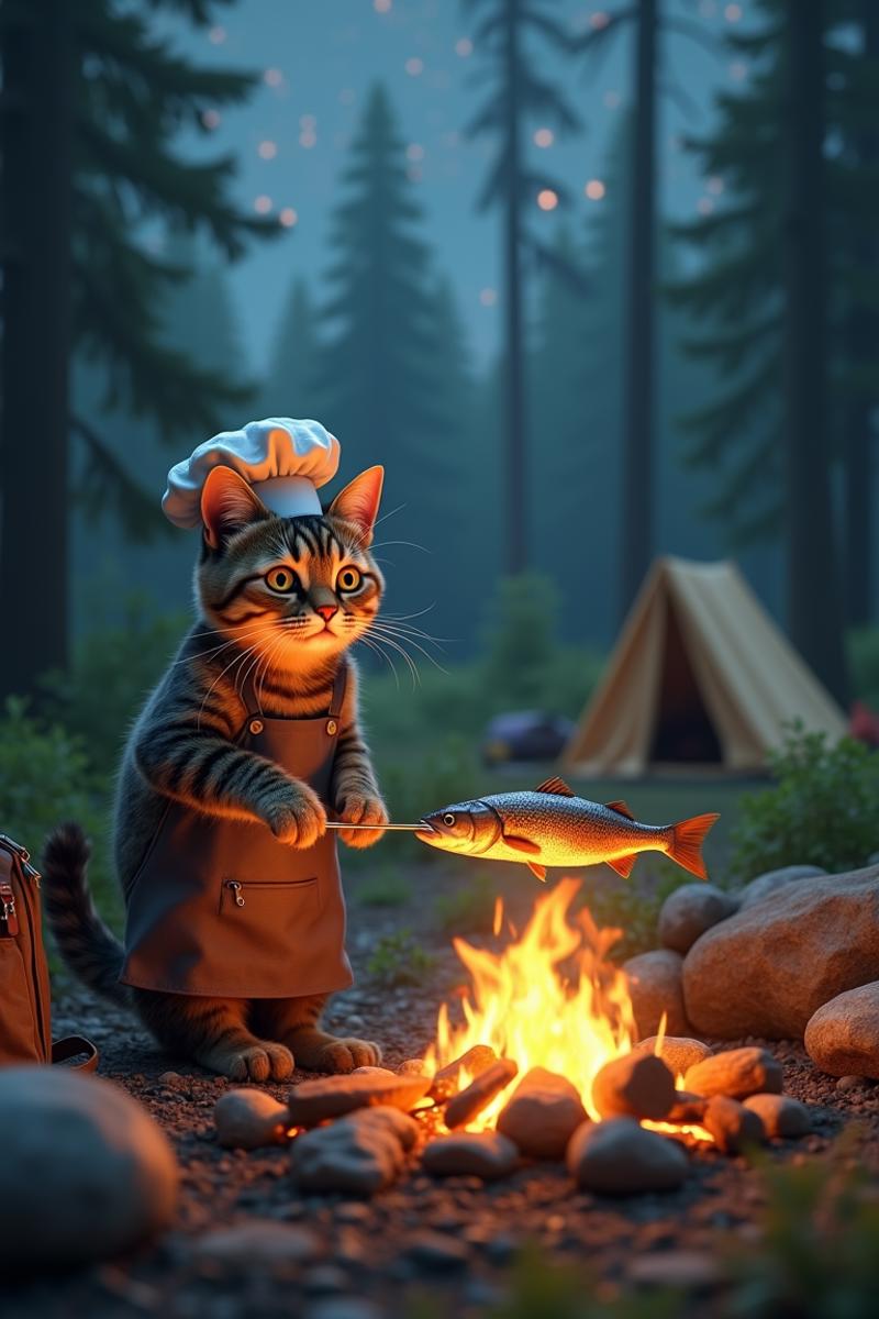 A realistic scene of a chef cat camping in the wilderness, grilling a fish over a campfire. The cat, wearing a traditional chef's hat and apron, stands next to a neatly arranged campsite with a small tent, a backpack, and camping gear scattered around. The campfire emits a warm, flickering glow, illuminating the cat's fur and the fish skewered above the flames. The surrounding forest is lush and green, with tall trees and a clear, starry night sky visible above. The cat's eyes are wide open, intently staring at the fish as it cooks. The scene captures the essence of outdoor adventure and culinary skill, with intricate details and a lifelike atmosphere. High definition, hyper-detailed, realistic, outdoor camping, warm campfire lighting, intricate details, lifelike, chef attire, serene wilderness. 