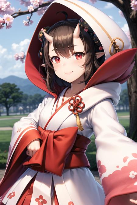 masterpiece, best quality, momonosei, ultra_high_res, realistic, lustrous skin, ray_tracing, detailed_background, 3d face, 
1girl, solo, hood up, brown hair, japanese clothes, horns, kimono, oni horns, hood, red eyes, hair between eyes, hair ornament, pointy ears, wide sleeves, long sleeves, skin-covered horns, hair flower, uchikake, bangs, double bun, hair bun, red sash, blush, sleeves past wrists, tassel, wataboushi, obi, short hair, small breast,  sash, 
upper body, flower, tree, laugh, happy, 
<lora:momonosei:1:MIDD>