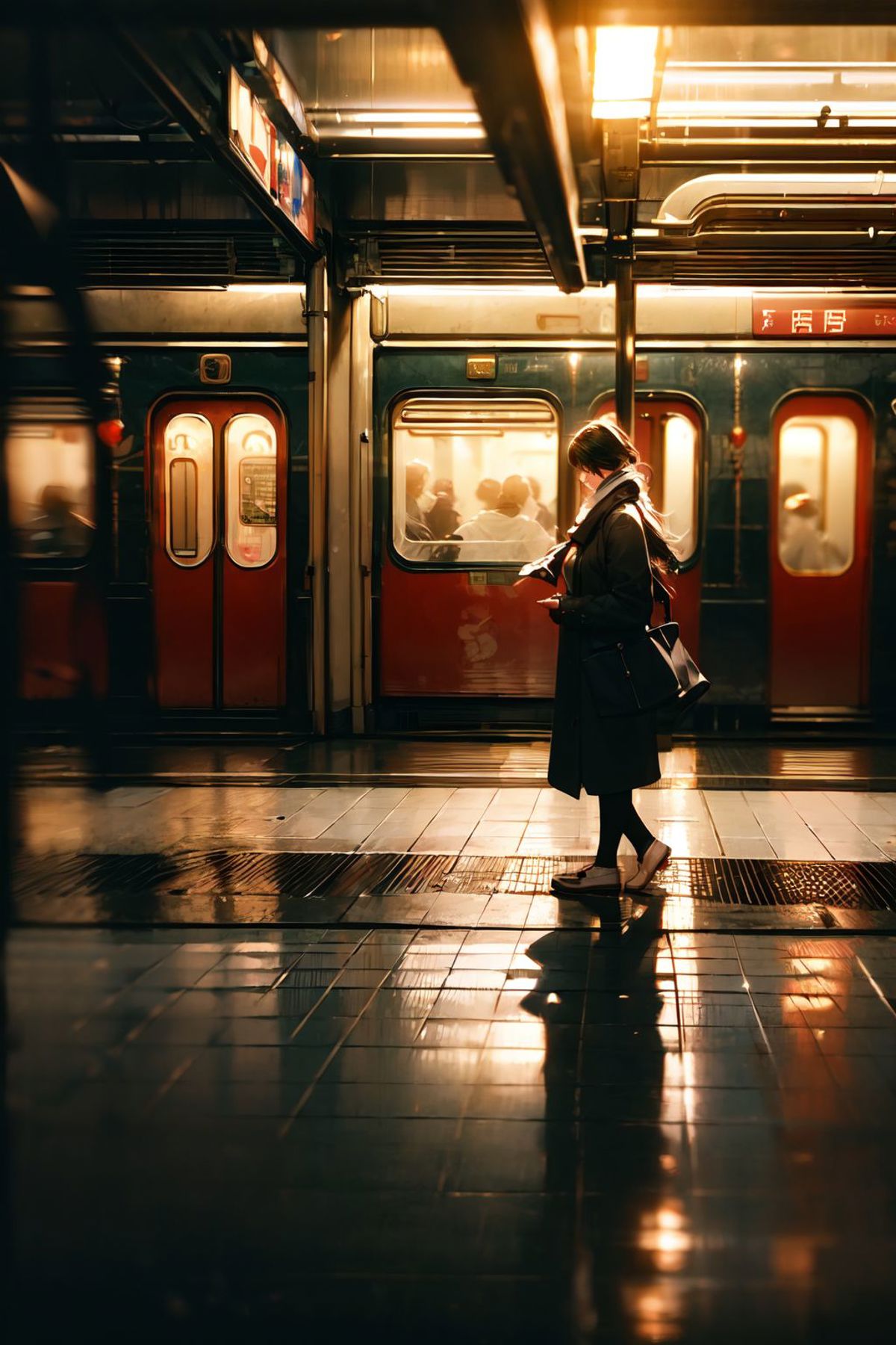 A woman standing on a train platform at night, looking at her phone.