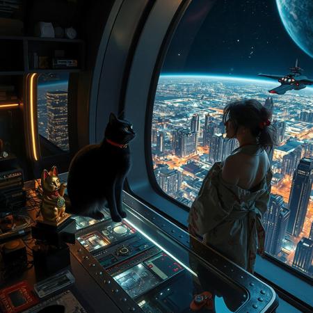 A sleek black cat with red collar sits on a cluttered metal riveted desk with transparent top and micro-LED lighted computer components visible inside, On the desk is a gold and lacquer maneki neko statue and, the Black Cat is looking out of a seamless and futuristic floor to ceiling window with a view from low orbit, the planet is covered with the lights of enormous buildings and cities that maintain realistic scale, (((a beautiful woman, 24 years old, is standing next to the desk the cat is sitting on and looking longingly out the window, the woman is dressed in casual, but beautifully designed thin summer sexy yukata. An enormous deco starship with futuristic lighting and an enormous space station are visible in the background among the stars, The woman's hair is messy from just waking up and tied up with a ribbon.  Artistic art deco, dynamic perspective, (((overall architectural aesthetic is Art Deco Cyberpunk))).  Epic image that elicits a feeling of wonder and awe, inspired composition of a master image artist using exact proportionality and exquisite use of colors light and shadows,