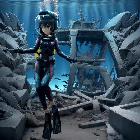 Pretty female scuba diver swimming underwater, inspecting the interior of an ancient ship wreckage, ultra detailed, ((full body diving suit)), gloves, sharp focus, crystal clear, masterpiece, (1girl), (alone), ((underwater)), weight belt, ((lama scuba helmet)), (diving watch), (((deep sea dive))), ocean abyss, dim blue lighting, caustic effects, ((perfect anatomy)), ((perfectly drawn face)), ((perfectly drawn hands)), ((perfectly drawn eyes)), (black fins), anime still, fish school, [fish], (coral reef), alguae, high tech wreckage, high tech machinery, (spaceship wreckage), (alien technology fragments), <lora:lama_scuba_helmet_rev2-10:0.825>