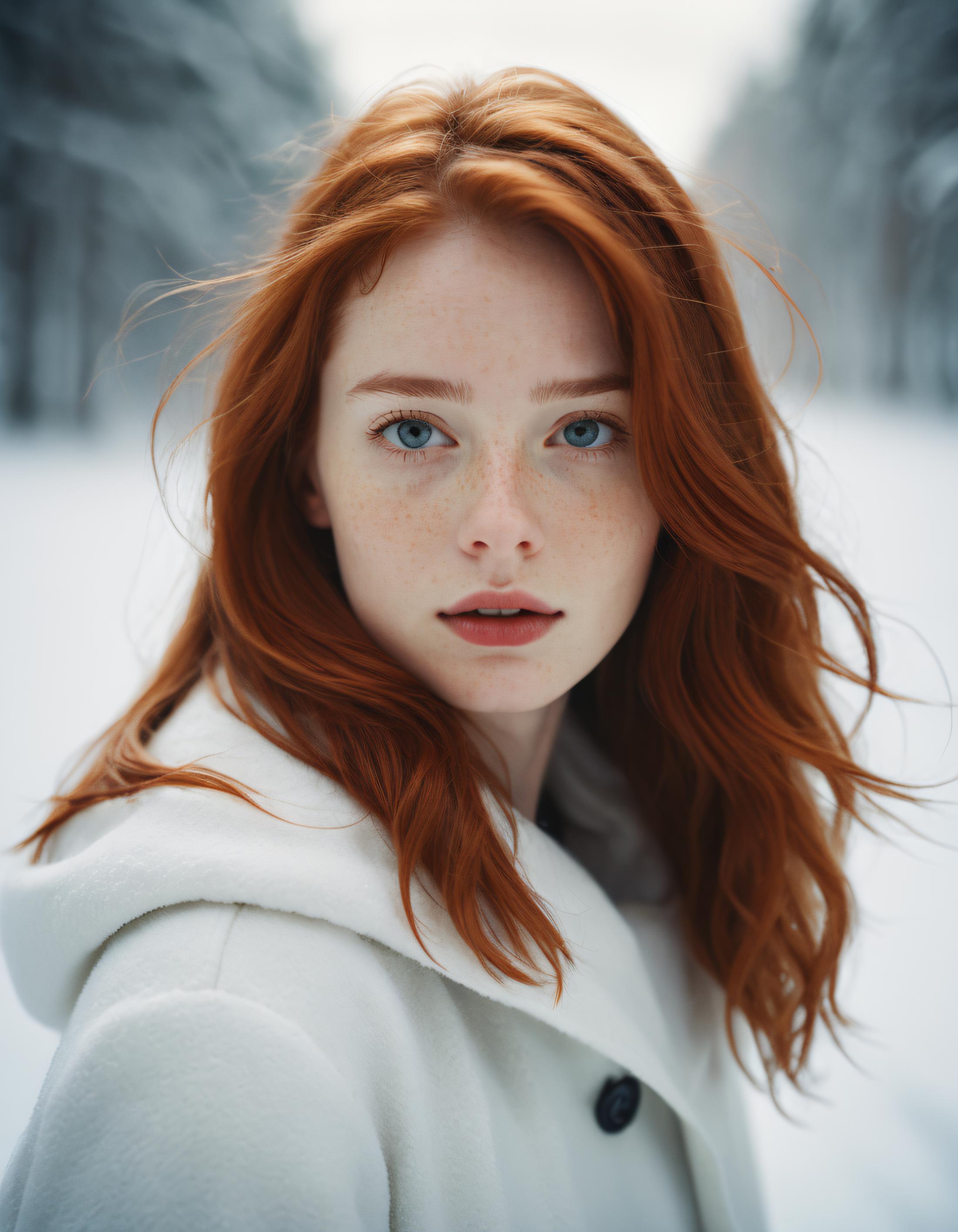 A woman with red hair wearing a white jacket.