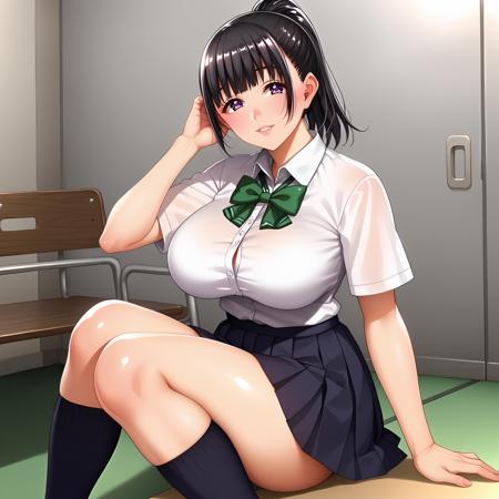 YuiTachibana,1girl,black hair,ponytail,purple eyes,large breasts, white shirt,green bowtie, pleated skirt, thigh,