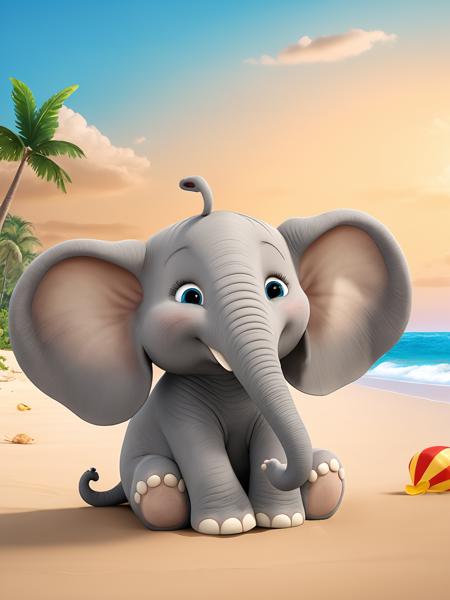 best quality, masterpiece, raw photo, 8k,uhd,cartoon, TSLoP,a cute elephant is laying on the beach, <lora:TSLoP:0.7>