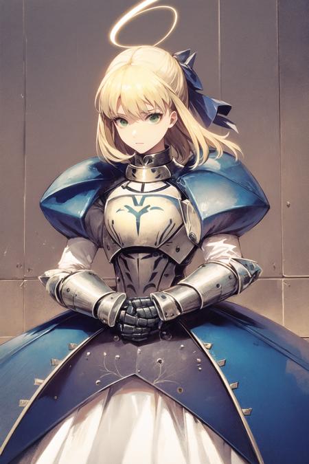 saber, artoria pendragon (fate), blonde hair, weapon, ahoge, sword, armor, green eyes,1girl, standing, white dress, gauntlets, excalibur (fate/stay night), ribbon, hands on hilt, armored dress, halo, hair ribbon, caliburn (fate), puffy sleeves, <lora:Yogisya:0.9>