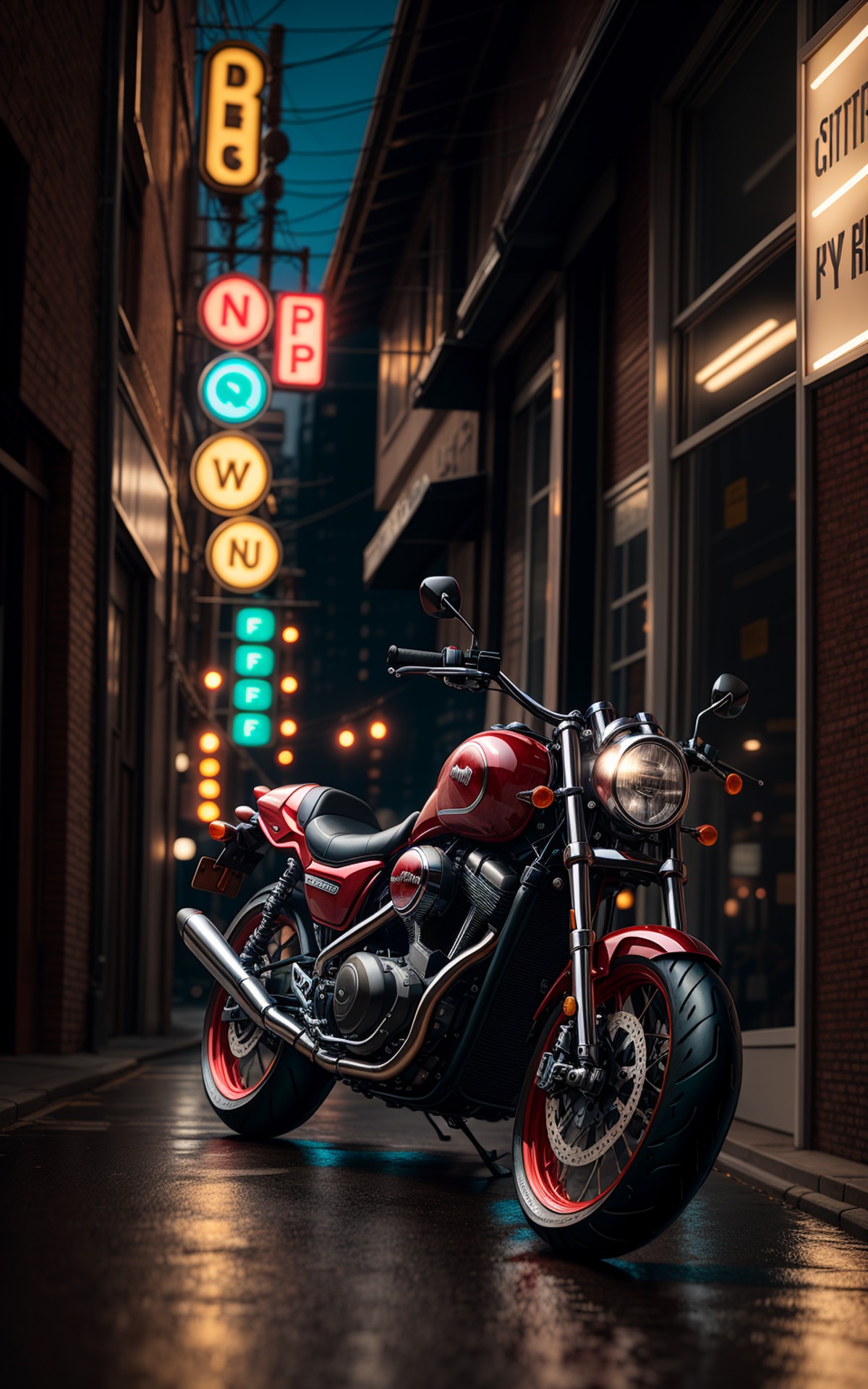 motorcycle, hyperrealism, high detail, octane render, cinematic, wide angle, 35 mm, f. 14, by mario testino, neon lights, ...