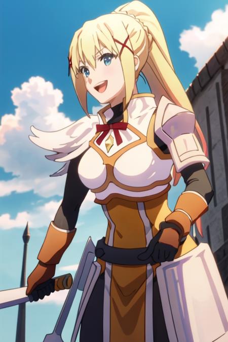 best quality, masterpiece, highres, solo, {lalatina_dustiness_ford_konosuba:1.15}, blonde_hair, long_hair, hair_ornament, x_hair_ornament, ponytail, blue_eyes, parody, open_mouth, 1girl, day, sky, smile, armor, blue_sky, cloud, gloves