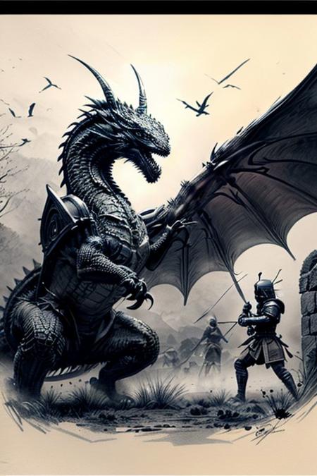 Pencil sketch, intricately detailed, rich shadows, highest resolution, highest quality, 8k UHD, 
best perfect realistic HD ultra HD 4k clear and detailed image, battle knights with a large and fearful fire dragon, nearby castle, weapons swords, crossbows, bows, detailed visualizations of knights, dragon and landscape, detailed depiction of their faces and weapons and armor, and o ...