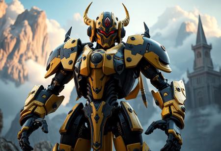 Highly detailed Ancient Gear Dark Golem robot, yellow and black armor, red and black visor, striped plating, yellow articulated limbs, confident powerful stance, centered composition. Standing near a detailed Cloudcastle backdrop. Poised for epic adventure, anticipation, dramatic volumetric lighting, creative dynamic angle. Cinematic, 4K, photorealistic, Octane Render, Unreal Engine 5, CGSociety, trending on Artstation, Golden Ratio.