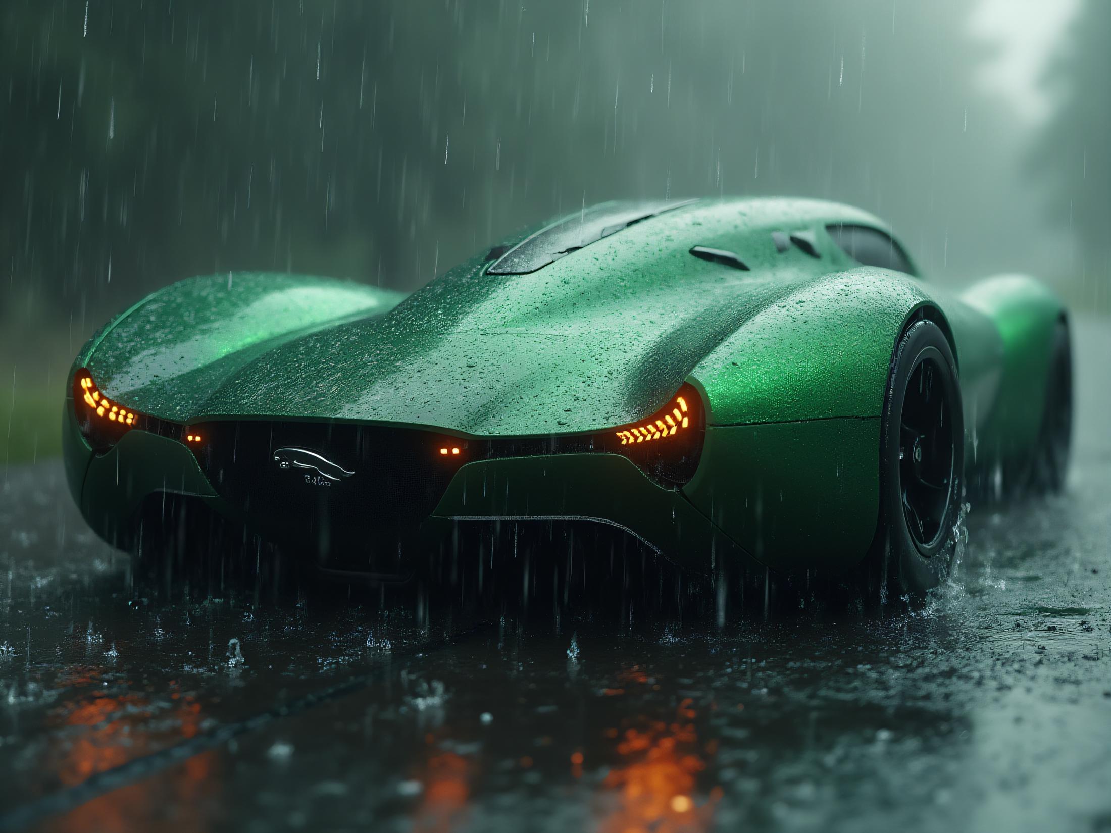 Professional promotional photo of a futuristic curvy english green sports car designed by Jaguar and Ford,cgsociety,highly detailed,matte painting,concept art,sci-fi,brutalistic architecture, rain,studio lighting <lora:CreArt-lora_epoch_5:1>, chromatic aberration, blur, vignette. Water on lens