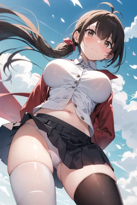 OpenPose: pantyshot, leaning forward, arms behind back, looking down