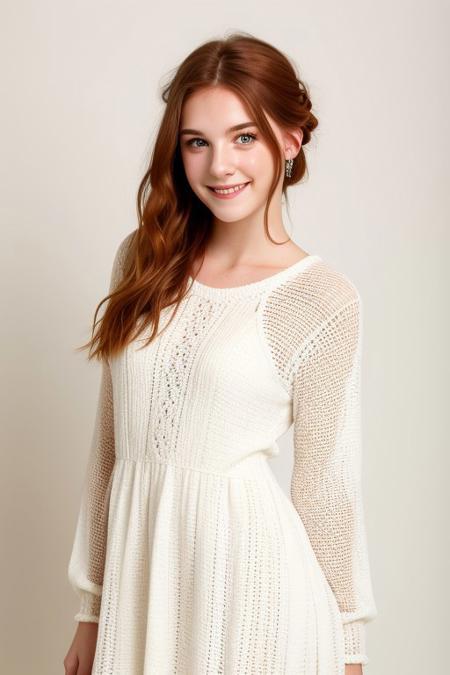 HD, perfect quality, 16k, very detailed,  a beautiful 21yo college girl with ginger hair in an updo, pale skin, wearing a loose crocheted dress, pink fleckes, green eyes, slim, detailed skin, hair behind ear, smiling proudly, standing in front of white background