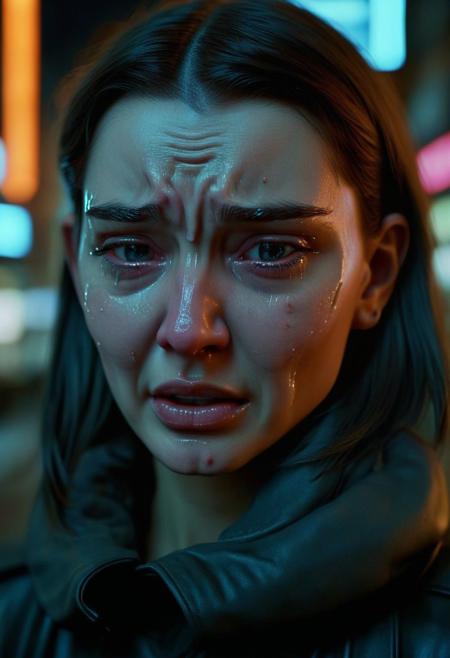 (pop art:1.0)"Visualize a professional, (Cry:1.5), (Crying:1.5),high-resolution, mid-body portrait that brings to life the nuanced realism of a young woman with Android characteristics, amidst the distinct ambiance of a Utopia city. This photograph, captured with an advanced digital SLR camera, is renowned for its exceptional detail resolution and depth of field capabilities. Special attention is given to the woman's skin and eyes, aiming for an unparalleled level of realism that highlights the texture of her skin and the depth of her eyes, making them the focal points of the composition. The wide aperture setting ensures the subject is crisply in focus, with the city's neon-infused backdrop beautifully blurred, providing a contrast that accentuates the subject's features. The selection of the scene demands creativity and diversity, moving away from clichd representations to capture unique moments within the cyberpunk setting that are rich in detail and emotion. Advanced lighting techniques are employed to illuminate the skin and eyes vividly, showcasing the interplay of light and shadow that defines the contours and expressions. The aim is to create a portfolio of images that explore a variety of scenarios, expressions, and compositions, each telling its own story of the symbiosis between human and technology in a future world."8k,35mm,