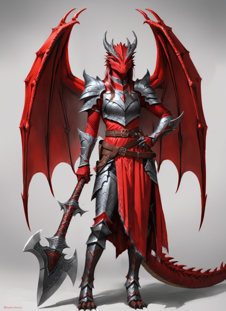 red dragonborn, solo, red eyes, female, holding, jewelry, standing, tail, full body, weapon, female focus, wings, horns, belt, grey background, holding weapon, armor, hand on hip, colored skin, shoulder armor, gauntlets, claws, pelvic curtain, colored sclera, dragon horns, demon wings, pauldrons, breastplate, dragon tail, vambraces, axe, red wings, dragon wings
, ((masterpiece, best quality)), art by greg rutkowski  <lora:dragonborn_offset:1>