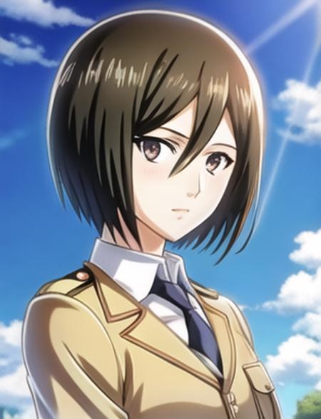 mikasa (mikasa ackerman), highres,(masterpiece_1.0),(best quality_1.0),(4k),military uniform, perspective from front, (upper body),looking at viewer