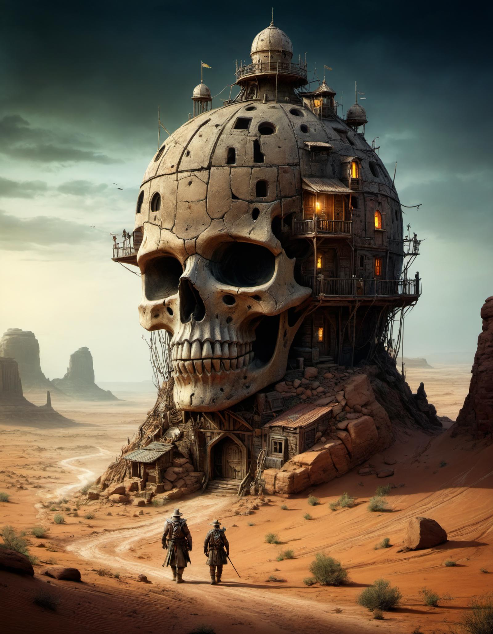 A painting of a skeleton head with a house on it in a desert.