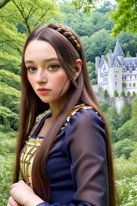 a beautiful woman, in a princess dress with long sleeves, in a forest paradise, castle ruins in the background, (upper body, close up), candid, amateur, (raw, 8k, uhd, fujifilm xt3), sharp focus, [natural skin, highly detailed face], <lora:oliviaHussey:1>