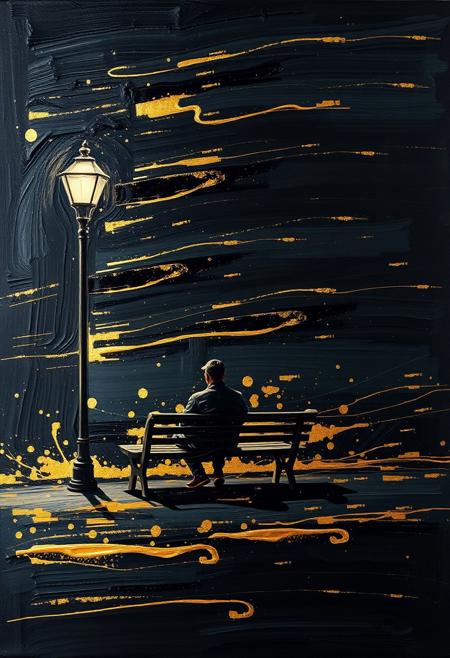 A hyper-stylistic, extremely detailed image depicts a breathtaking painting, crafted from a combination of smeared black and gold metallic paint. A person sitting on a park bench next to a lone street light at night is captured in a streaked motion, as if it is moving rapidly in one direction. The black paint is applied in bold, dynamic strokes, creating a sense of energy and movement that is contrasted beautifully by the golden accents. The gold paint is used to highlight the person, the bench and street lights features, adding a sense of depth and dimensionality to the image. The overall effect is one of breathtaking, surreal dynamism, as if the viewer has captured a fleeting moment in time. Every detail of the image is meticulously crafted, from the delicate, swirling patterns of the gold paint to the intricate, textured patterns of the black paint. The contrasts between light and dark, color and texture, create a sense of tension and energy that draws the viewer in, inviting them to explore the kinetic world of the painting. highest-Quality, intricate details, visually stunning, Masterpiece