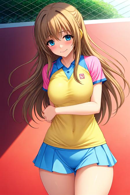 1girl,long hair,white shirt,pink panties, from below, <lora:sayukaV1:0.5>,sayuka_kouenji,brown_hair,blue_eye,tennis_wear,smile,