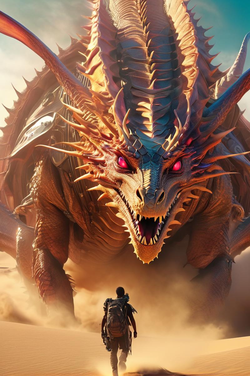 A person standing in front of a large dragon with big red eyes and a spiked head.