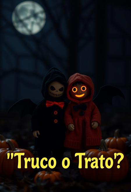 perfecteyes,night, dark atmosphere, Halloween,Halloween momia 
 tiny costumes,pumpkins,antro bat,bat, man,candy, text '' Truco o Trato''? ,creepy font