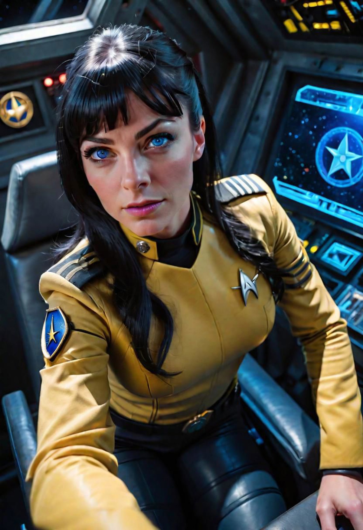 female star trek officer's in  cockpit, view from above, yellow as dominant color. blue eyes, black hair . star trek comba...