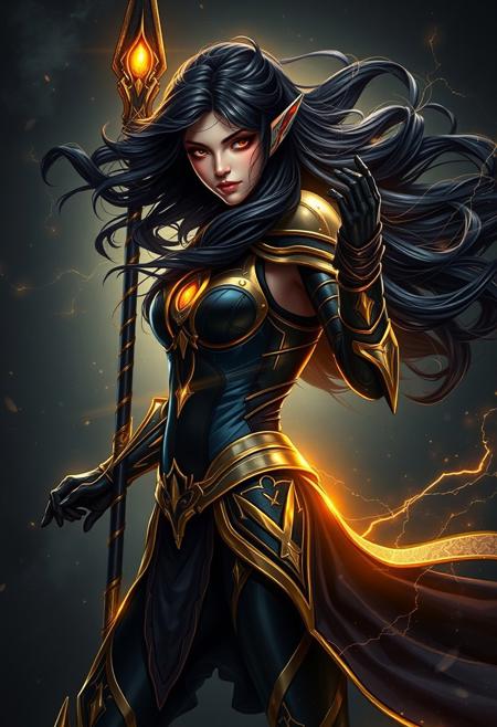 " sorce_9_up, source_8_up, source_7_up, masterpiece, ultra_res, high_res, obsidian armor forged from the darkest void, but the gold trim seems almost too inviting, accentuating her curves like a second skin. Her hair, black as midnight, crackles with dark energy, swirling like an eclipse. Every movement is calculated, graceful, but charged with dangerous energy, a deadly seduction hidden beneath the surface. Her spear, glowing with starlight, hums with power as she moves, and yet it’s her eyes, gleaming like blackened suns, that hold your attention—commanding, burning with an energy you can’t escape. The gold in her armor contrasts sharply with the dark aura surrounding her, a visual paradox that drags you deeper into her world, into a power you can’t resist. She is both the promise of destruction and the lure of the unknown, pulling you in, tempting you to step too close."