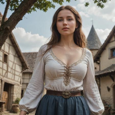 centered, wide shot photo, from below, beautiful woman peasant, perfect breasts, round breasts, medieval tunic, fantasy village