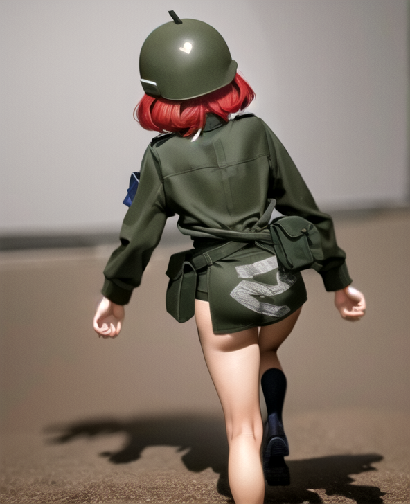 buhanka, 1girl, red hair, helmet,
military,
full body,
running,
looking to the side,  
:3,
depth of field,
from behind,
sh...