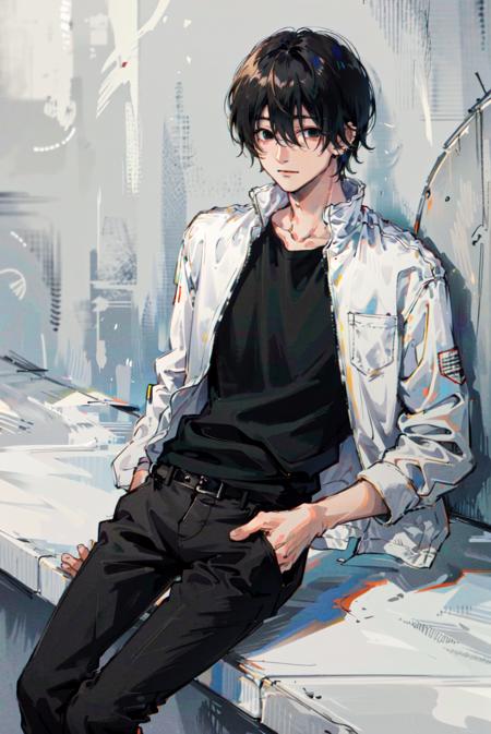 (masterpiece, best quality), illustration,  <lora:chainsawman_yoshidahirofumiv1-000035:1>, yoshida hirofumi, 1boy, ((black shirt, white jacket:1.1)), black pants, long sleeves, yoshida_(casual)